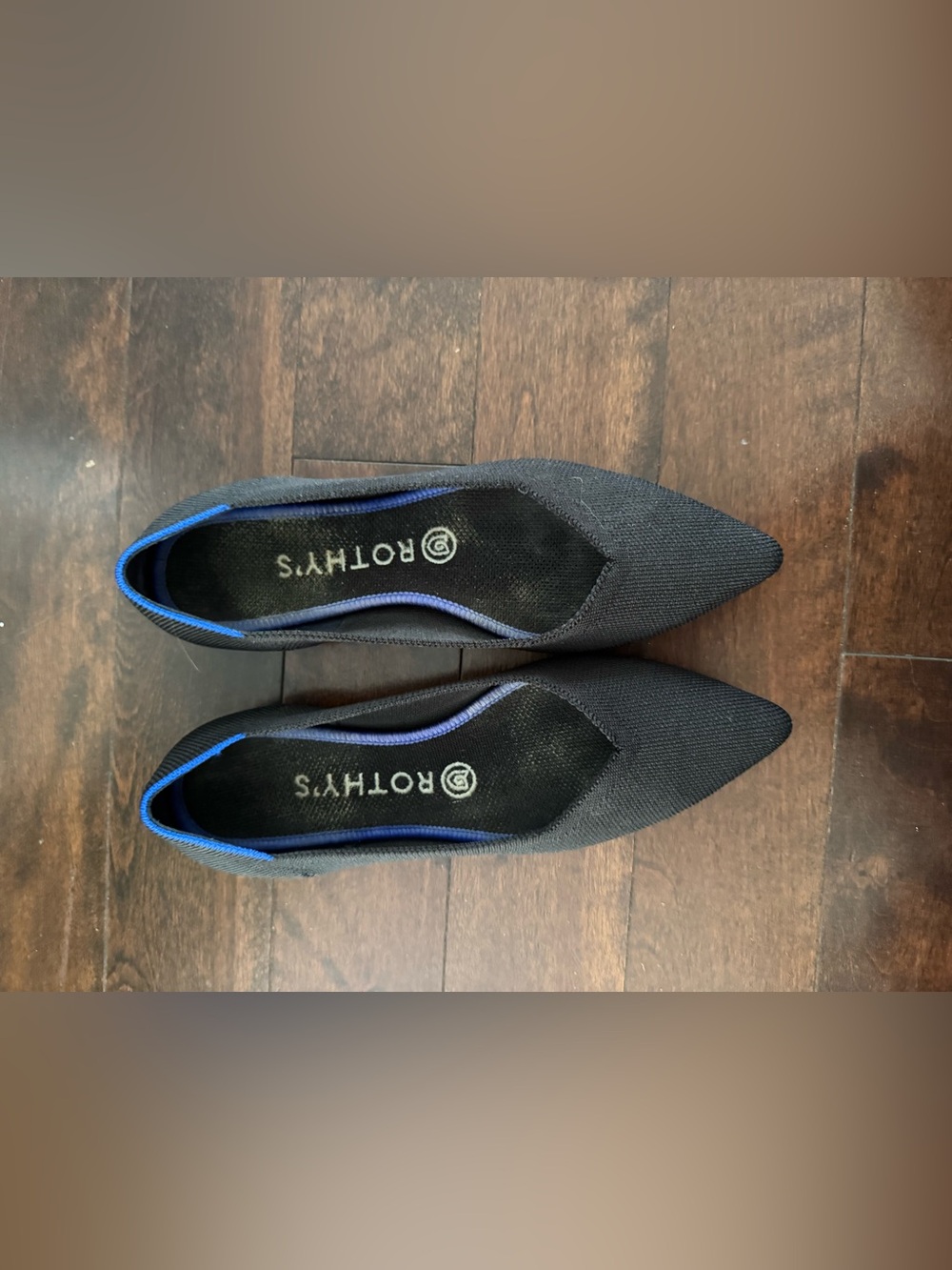 Rothy's Pointed Flat in Black with Blue Trim